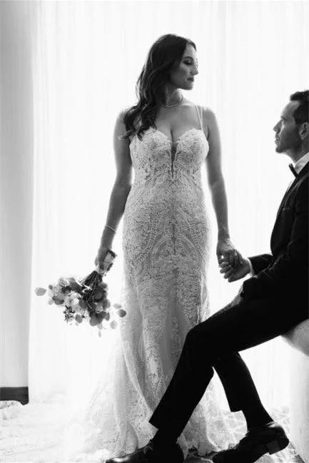 Elegant White V-neck Backless Mermaid Wedding Dresses With Lace (ZD14636)