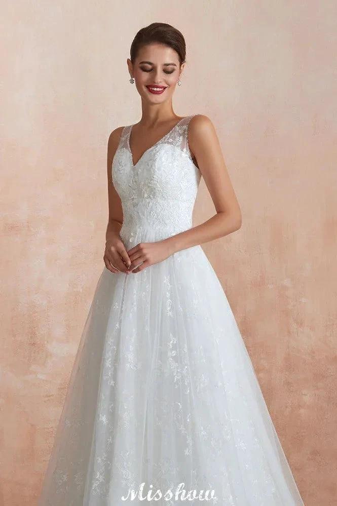 Elegant White V-Neck Princess Wedding Dress Aline Tulle Lace Bridal Gown (ZD13975)