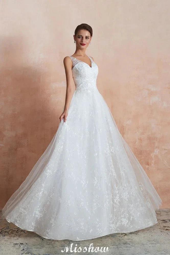 Elegant White V-Neck Princess Wedding Dress Aline Tulle Lace Bridal Gown (ZD13975)