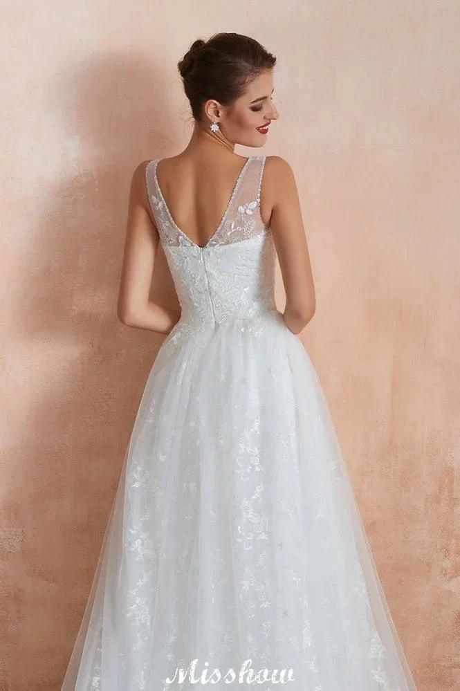 Elegant White V-Neck Princess Wedding Dress Aline Tulle Lace Bridal Gown (ZD13975)