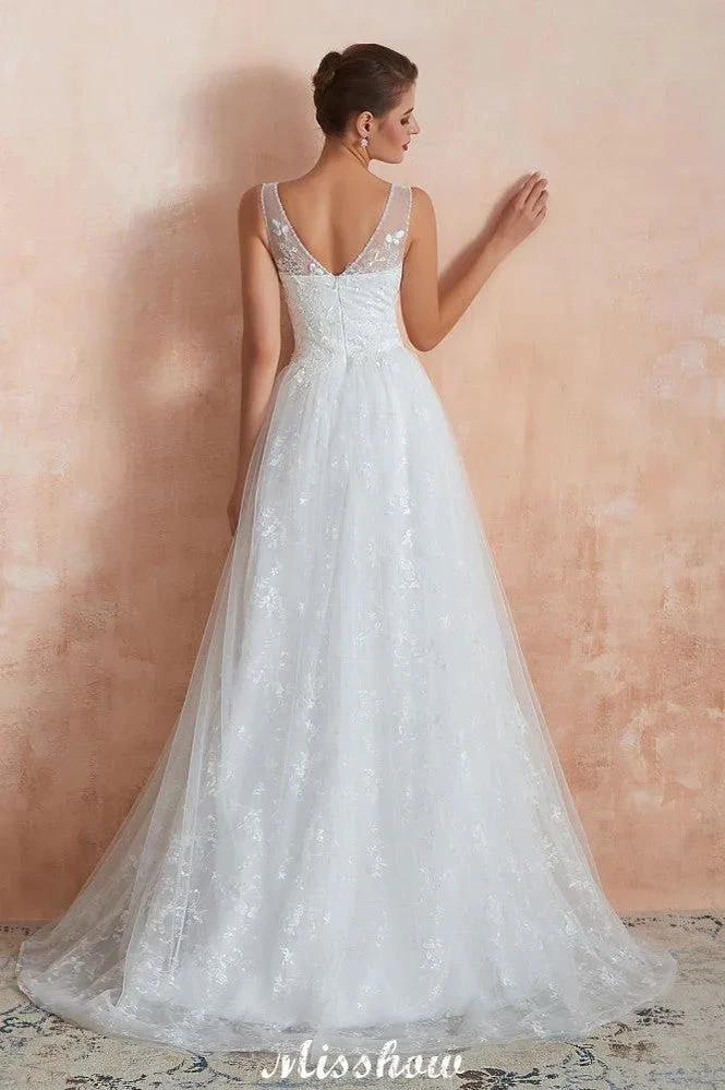 Elegant White V-Neck Princess Wedding Dress Aline Tulle Lace Bridal Gown (ZD13975)