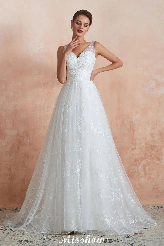 Elegant White V-Neck Princess Wedding Dress Aline Tulle Lace Bridal Gown by misshow.com