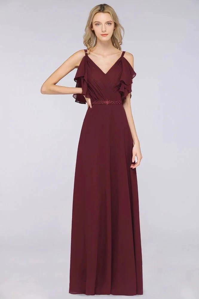 Elgant Ruffles Chiffon Floor-Length Bridesmaid Dress Aline Pearls Sleeveless Wedding Party Dress (ZD13106) - VelvetHem