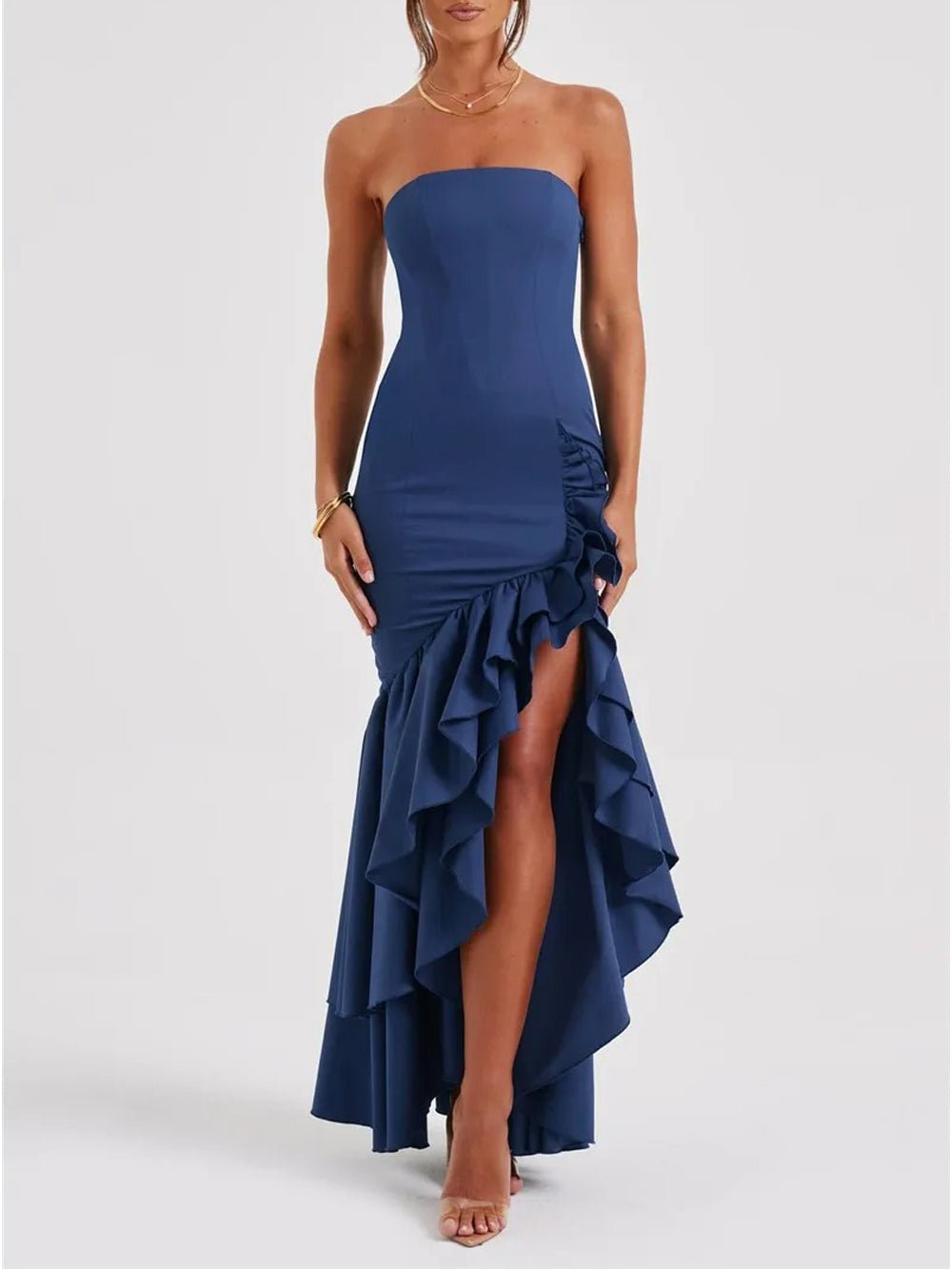 Eliza Strapless Split Ruffle Maxi Dress - Fashion Pov