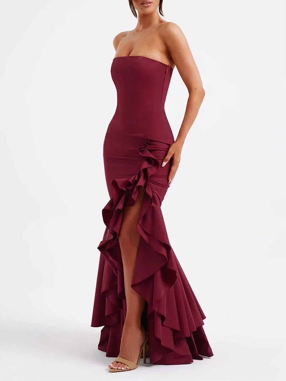 Eliza Strapless Split Ruffle Maxi Dress