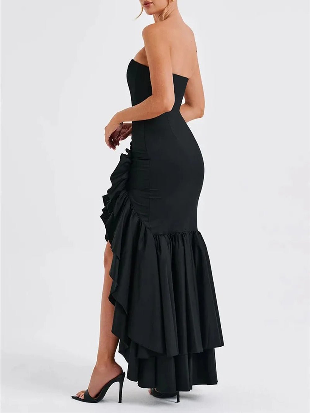 Eliza Strapless Split Ruffle Maxi Dress