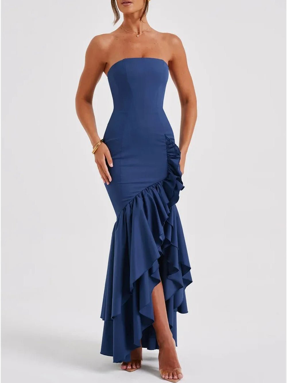 Eliza Strapless Split Ruffle Maxi Dress