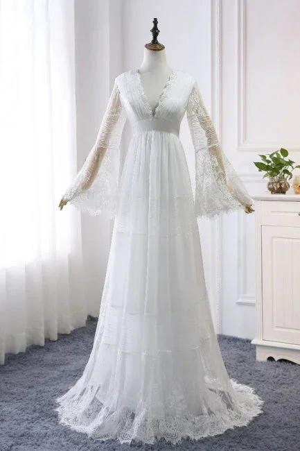 Empire Waist Long Sleeve Lace Tulle Wedding Dress (ZD13922) - VelvetHem