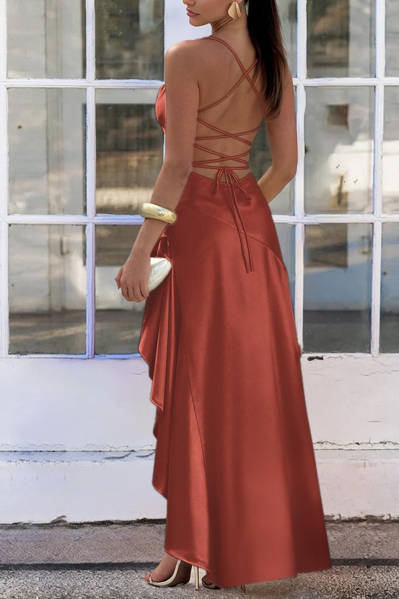 Rust Spaghetti Straps Sheath Satin High Low Prom Dresses With Ruffles