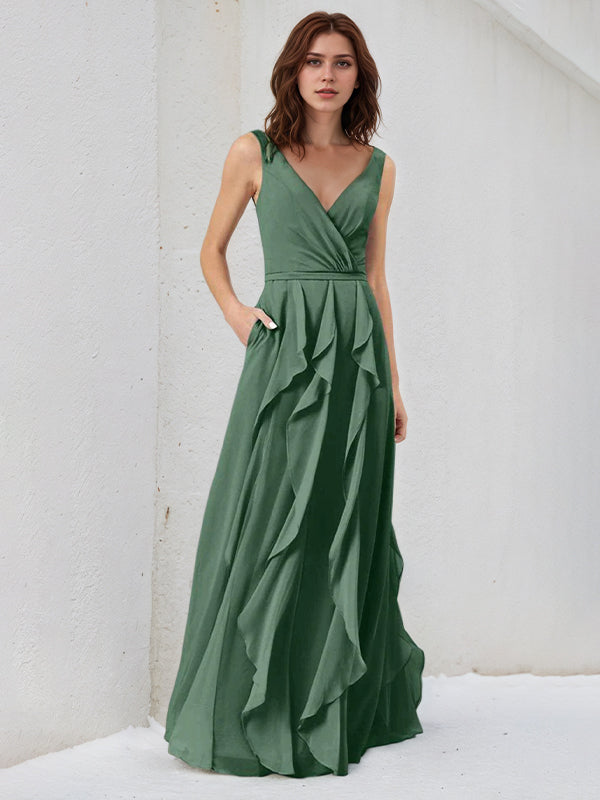 Eucalyptus A Line Chiffon A Line V Neck Sleeveless Floor Length Bridesmaid Dress - VelvetHem
