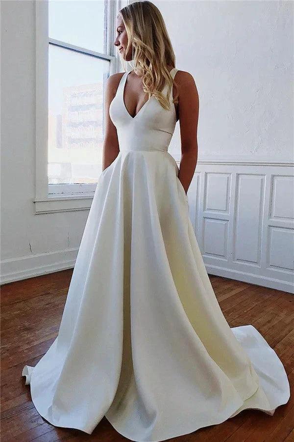 Excellent Long A-line Straps Bow Backless Wedding Dresses with Pockets (ZD14466) - VelvetHem