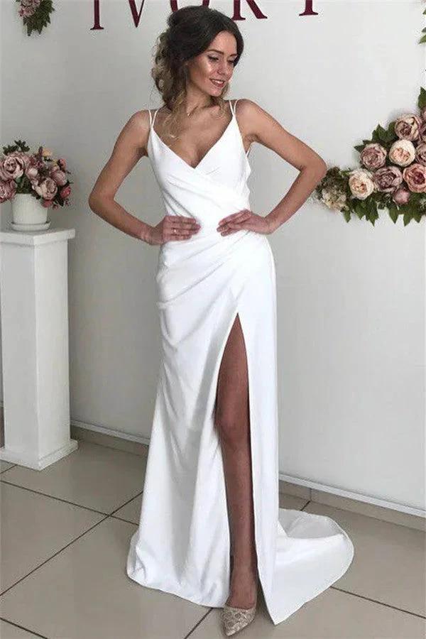 Excellent Long Mermaid Satin White Backless Wedding Dress with Slit (ZD14465) - VelvetHem
