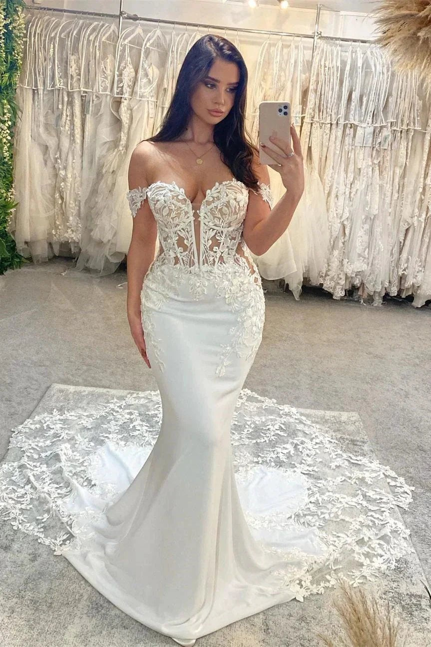 Exquisite Floor Length Sweetheart Sleeveless Off-The-Shoulder Mermaid Lace Wedding Dress (ZD15760)