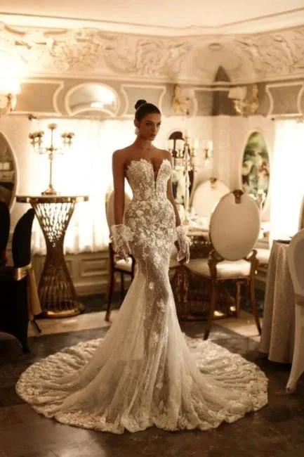 Exquisite Long Ivory Mermaid V-neck Strapless Tulle Lace Wedding Dress (ZD16640) - VelvetHem