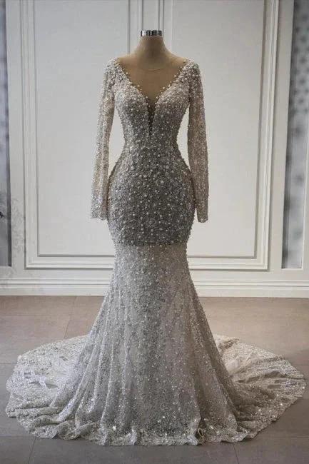 Exquisite Long Mermaid V-neck Lace Long Sleeves Wedding Dress with Pearls (ZD15557) - VelvetHem