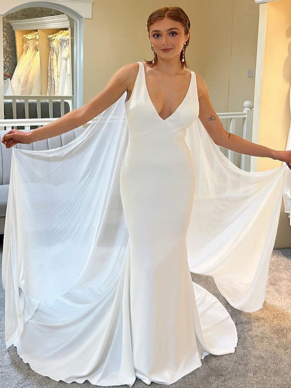 Deep V Satin Mermaid Sleeveless Wedding Dress With Flowy Chiffon Cape Train - VelvetHem