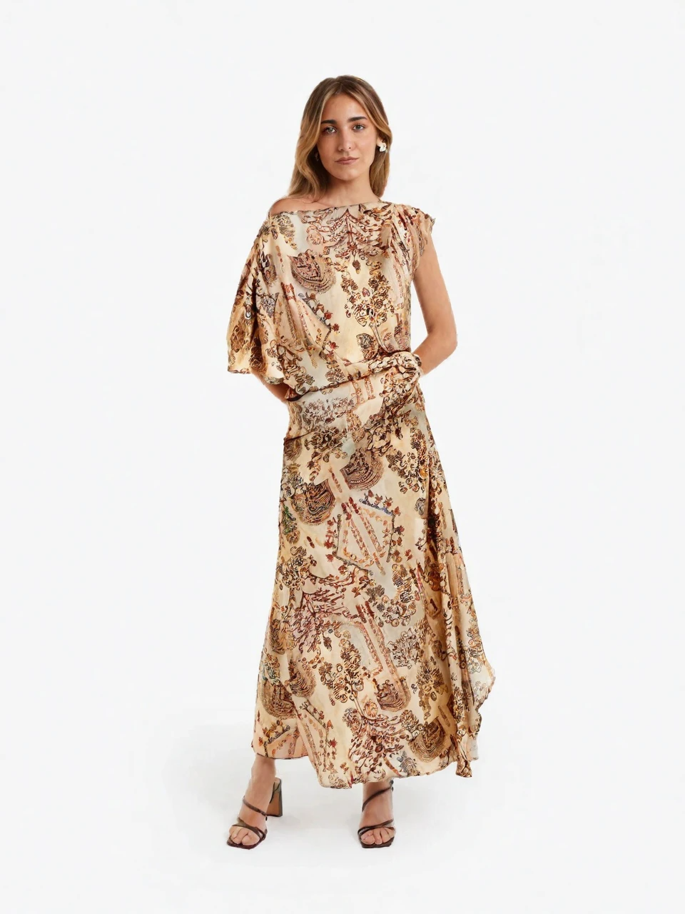 Asymmetric Sleeve Print Midi Dress