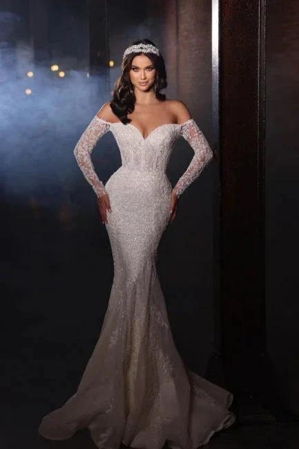 Extravagant A-line Off-the-shoulder Lace Mermaid Wedding Dresses with Sleeves (ZD14976)
