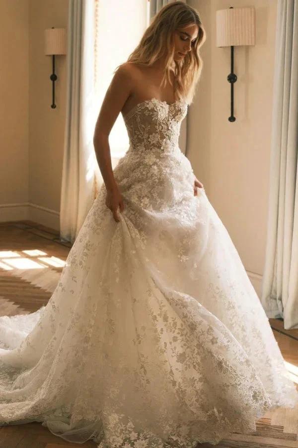 Extravagant Long A-line Lace Sweetheart Strapless Wedding Dress (ZD15498)