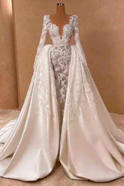 Extravagant Long A-line V-neck Lace Satin Long Sleeves Wedding Dress with Detachable Train (ZD16659) - VelvetHem