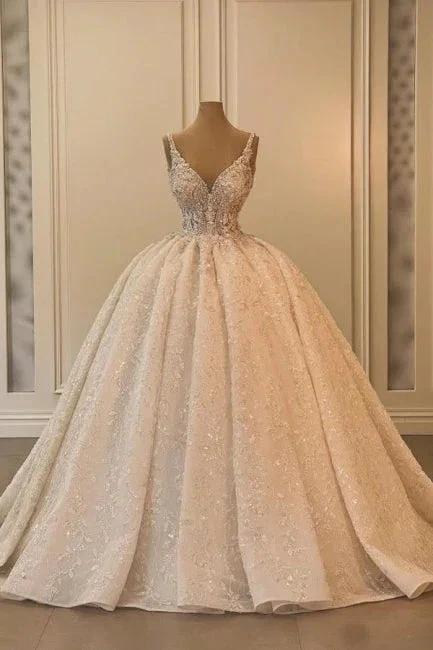 Extravagant Long A-line V-neck Sleeveless Princess Glitter Wedding Dress with Lace (ZD16644) - VelvetHem