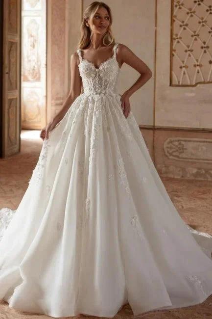Extravagant Long Ivory A-line Princess Spaghetti Straps Lace Tulle Wedding Dress (ZD16665) - VelvetHem