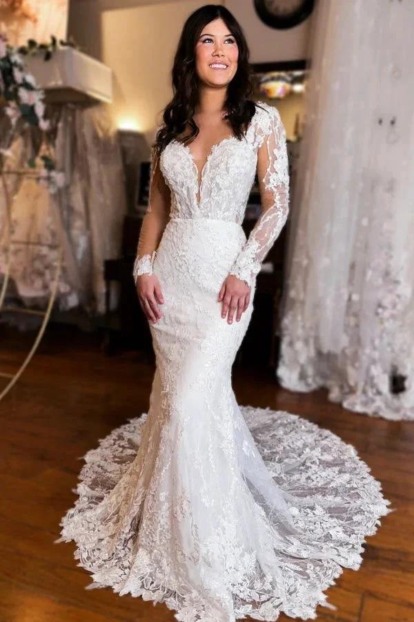 Extravagant Long Mermaid V-neck Backless Lace Wedding Dress with Long Sleeves (ZD15514)