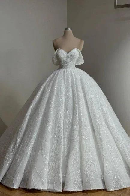 Extravagant Long White A-line Off-the-shoulder Lace Wedding Dress with Pearls (ZD16629) - VelvetHem