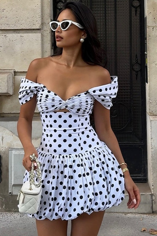 Polka Dot Hollow Out Mini Dress - VelvetHem