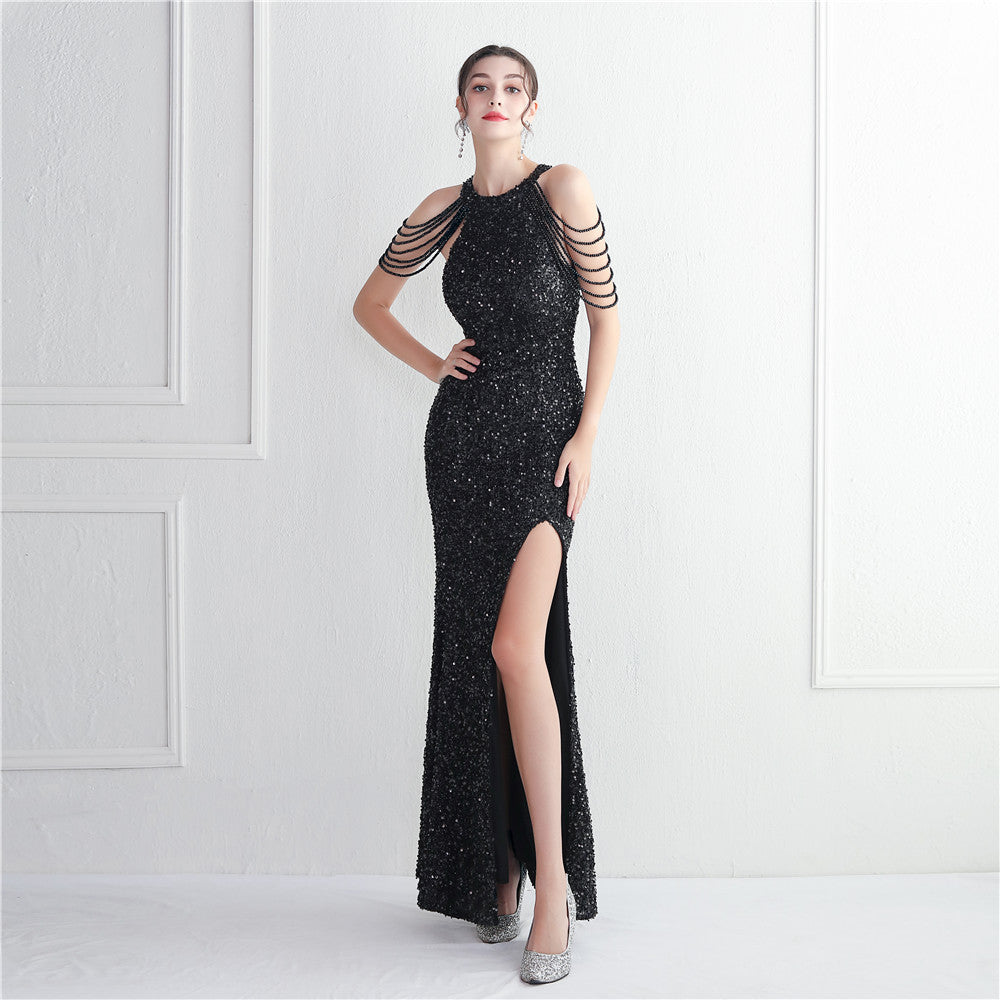 Heavy Industry Micro Glass Bead Craft Beaded Cocktail Evening Dress Elegant Long Halter Split Sequ - VelvetHem
