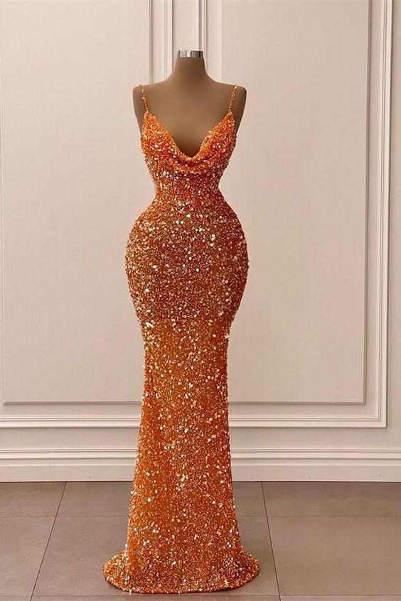 Orange V-Neck Mermaid Spaghetti-Straps Long Prom Dress With Sequins - VelvetHem