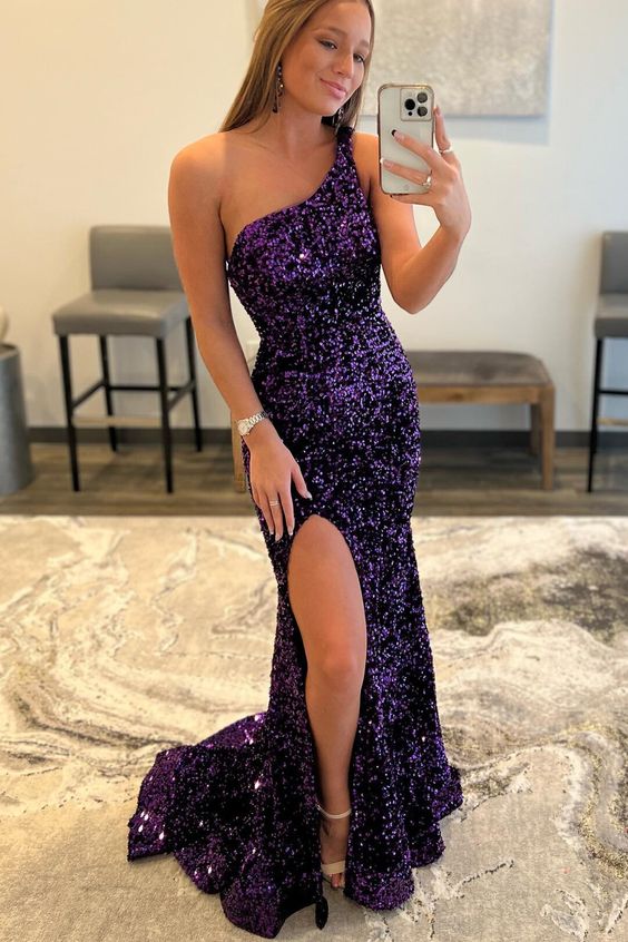 One Shoulder Purple Sequin Mermaid Long Formal Dress - VelvetHem