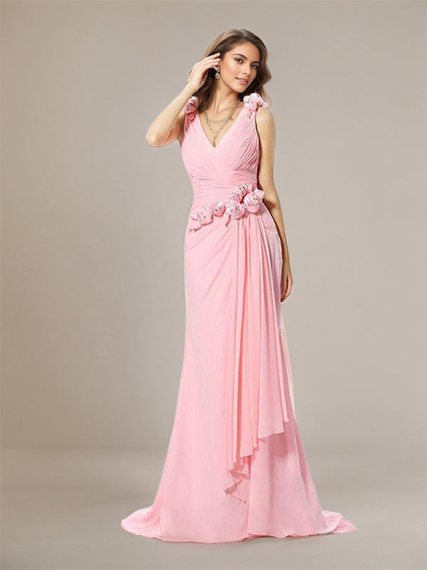 Pink Trumpet/Mermaid V-Neck Floor Length Chiffon Bridesmaid Dress With Hand-Made Flower - VelvetHem