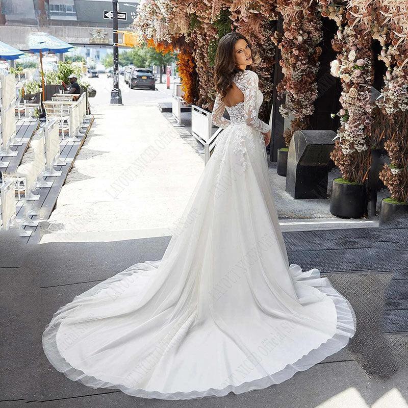 Wedding Dress A Line Removable Long Sleeve Bride Elegant Open Back Lace Bridal Gown Applique Tulle Vestido De Noiva (ZD13316)