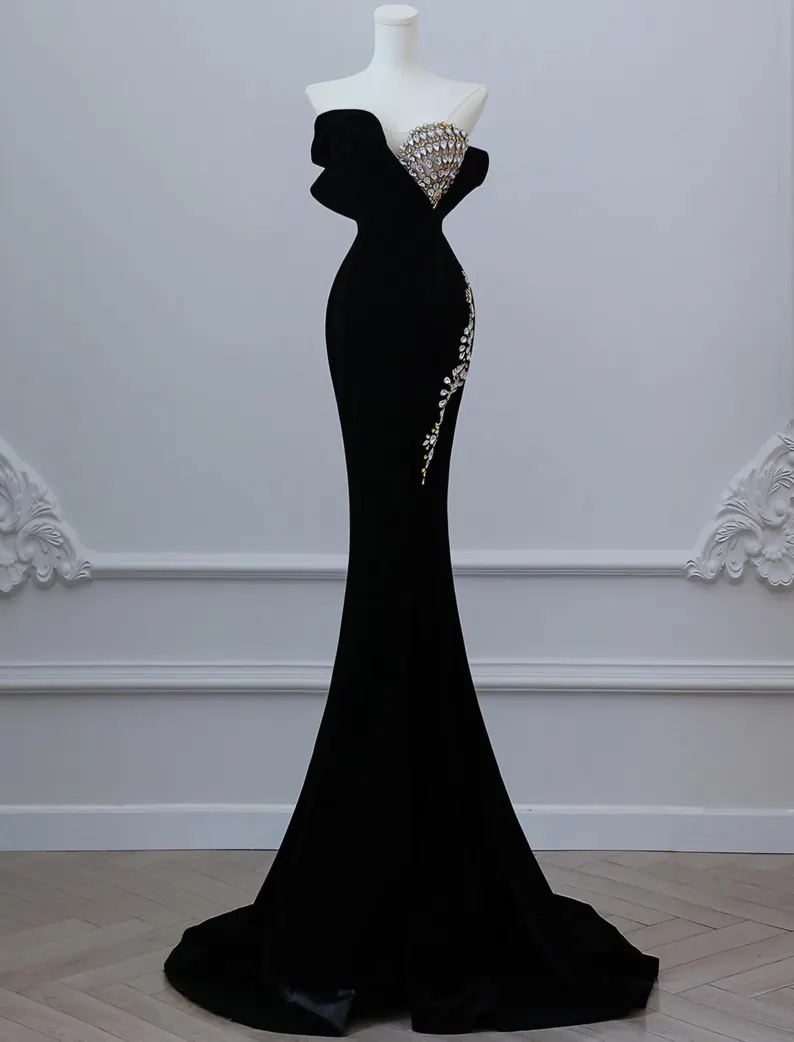 Black Luxurious Velvet Beaded Evening Dress Long Prom Dress Y7675 - VelvetHem