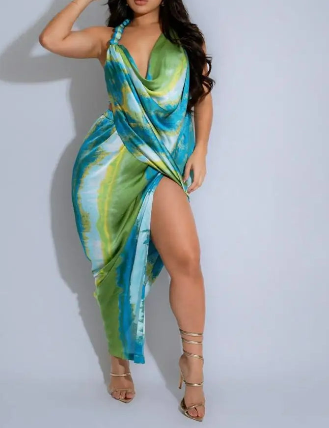 Tie Dye Halter Deep V-Neck Backless Midi Dress - VelvetHem
