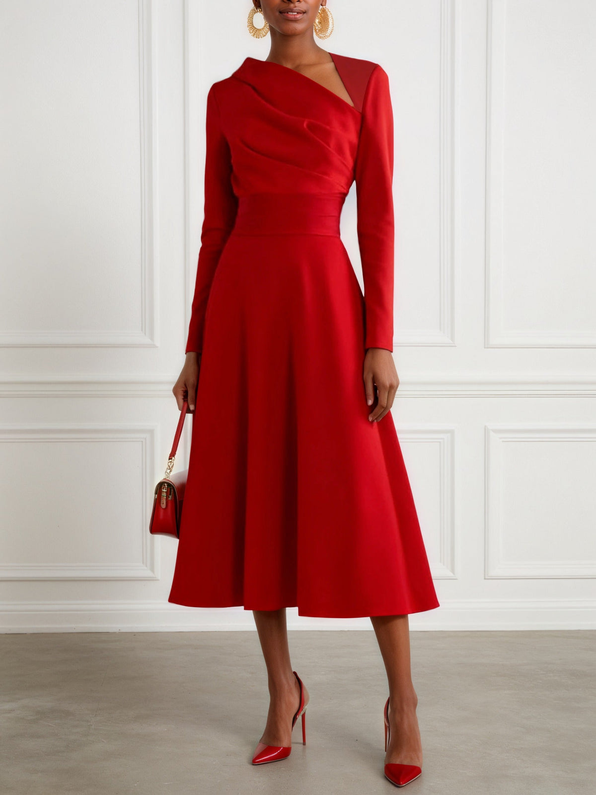 Red Classic Asymmetrical Long Sleeve A-Line Midi Dress - VelvetHem