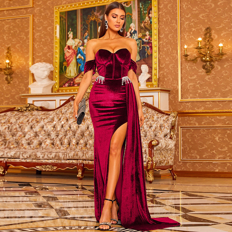 Velvet One Shoulder Slit Floor Length Prom Dress - VelvetHem