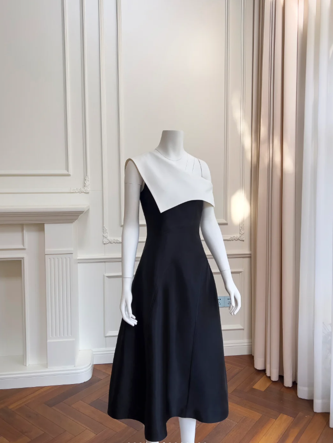 Unique One Shoulder Black White Satin A Line Prom Dress Formal Evening Dress Y8580 - VelvetHem