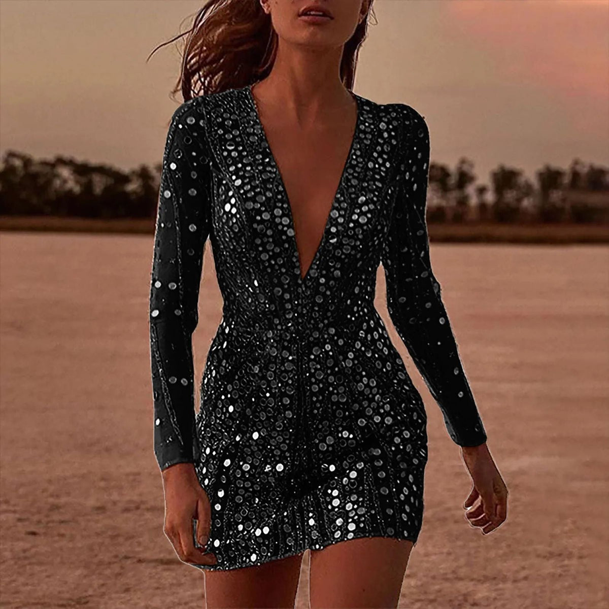 Sheer Long Sleeve Deep V Prom Dress