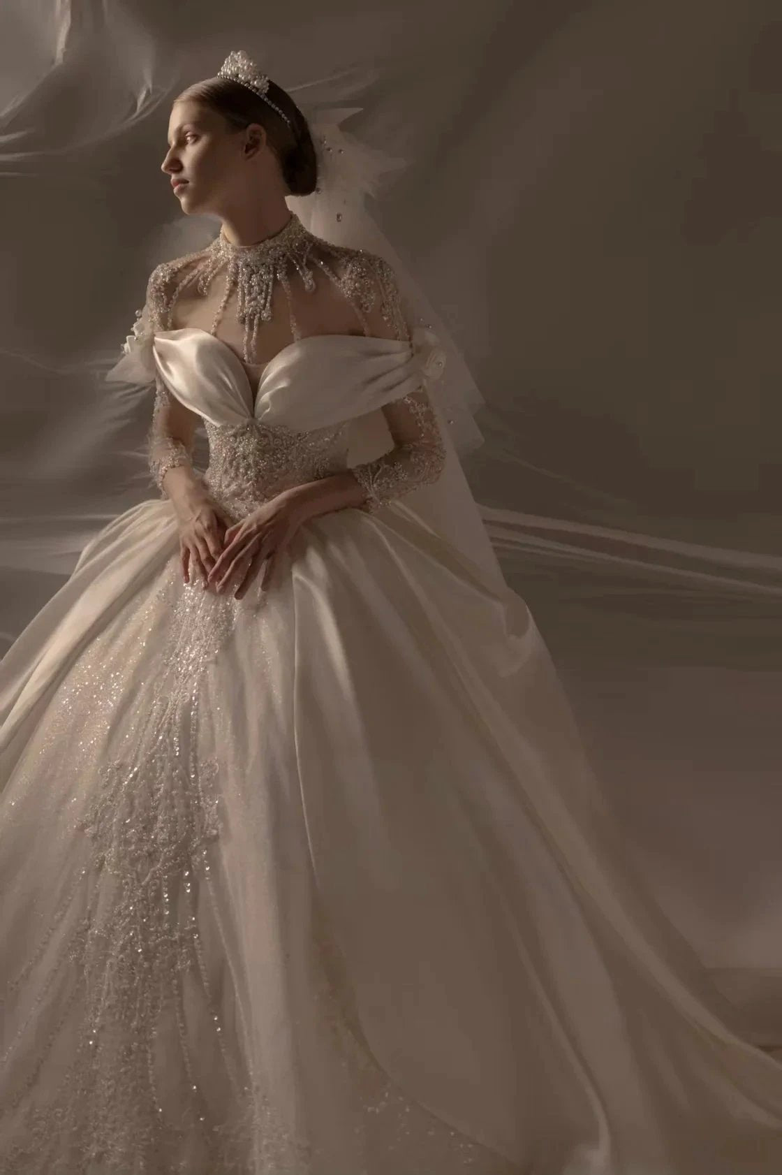Opulent Ball Gown Off-the-Shoulder Satin Wedding Dress with Sequin Embroidery & Dramatic Train (ZD16915) - VelvetHem
