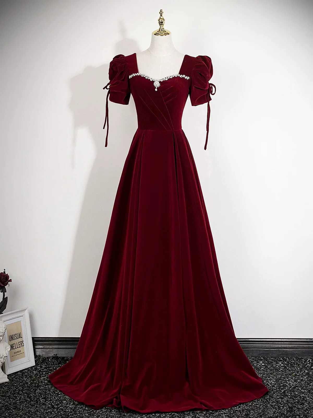 Wine Red Velvet A-line Prom Dress, Wine Red Beaded Long Party Dress Formal Dress - VelvetHem
