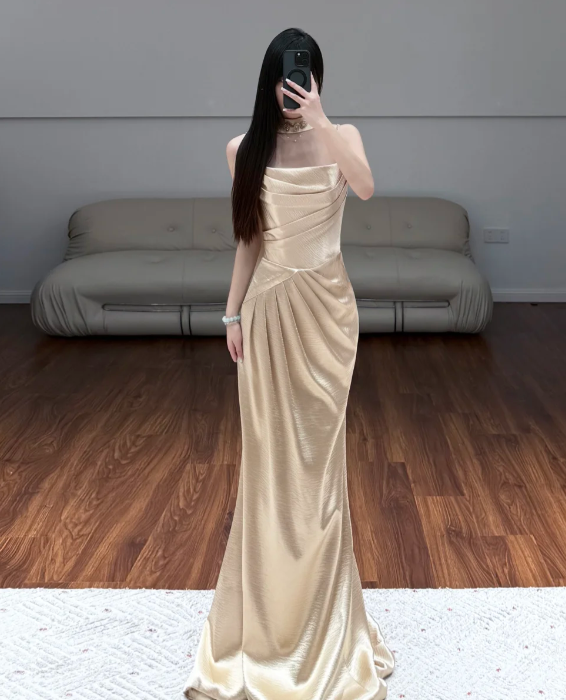 Champagne Satin Prom Party Dress Mermaid Evening Dress Graduation Dress - VelvetHem