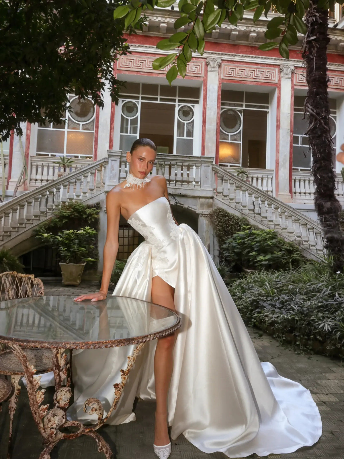Luxury White Satin Strapless High Slit Ball Gown Wedding Dress with Choker ZP118