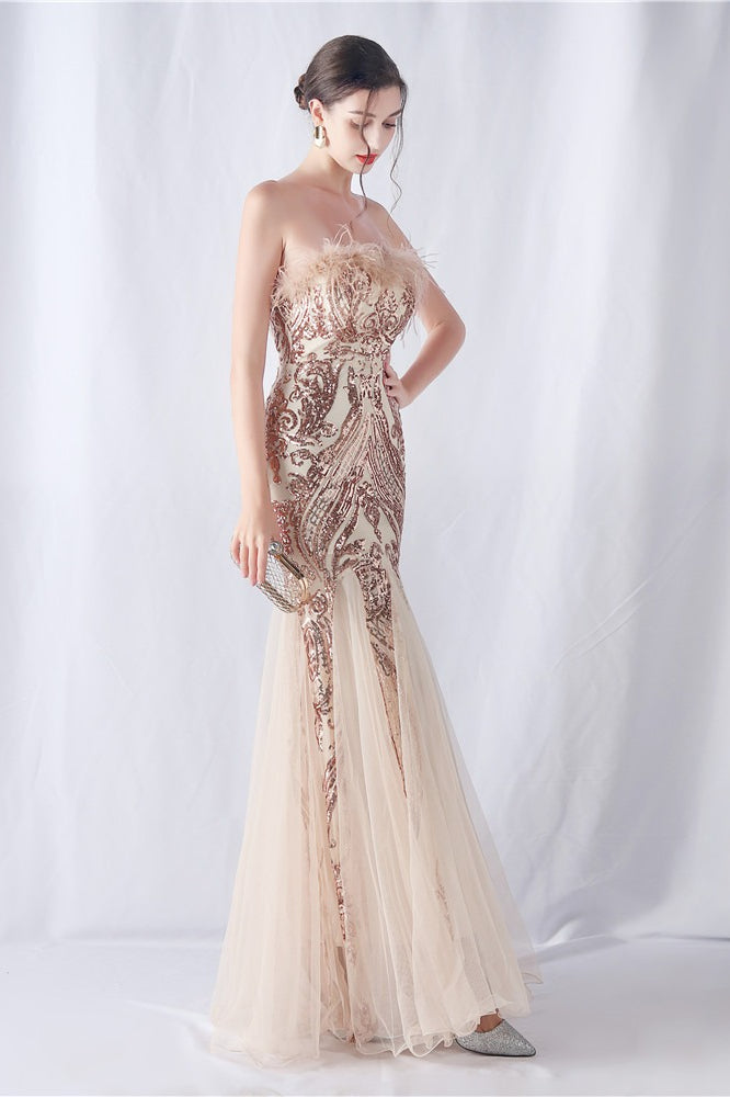 Ostrich Feather Sequin Dress with Relaxed Fit and Seasonal Wardrobe Essential