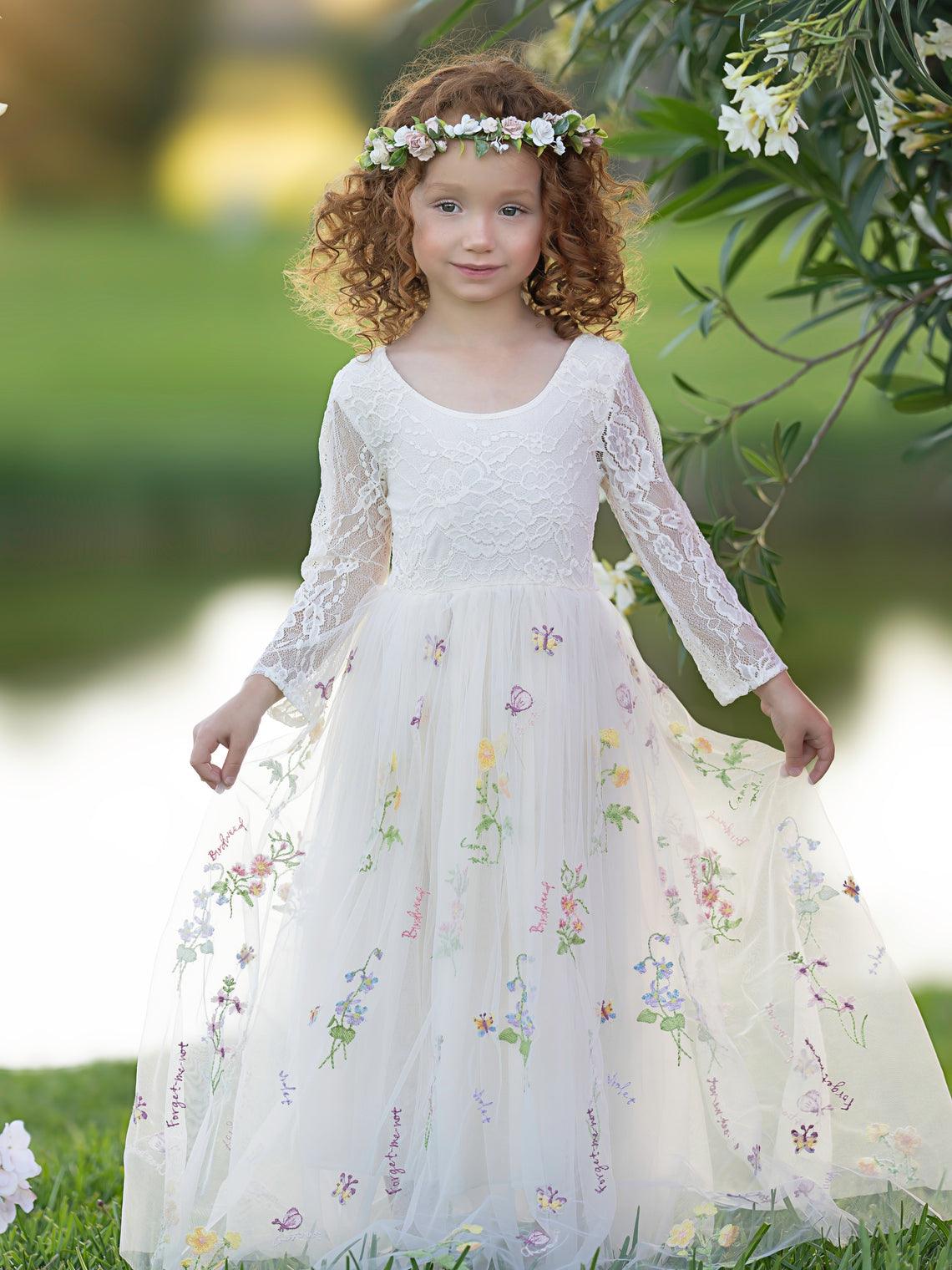 Floral Lace Embroidered Tulle A-Line Full-Length Garden Flower Girl Dress - VelvetHem