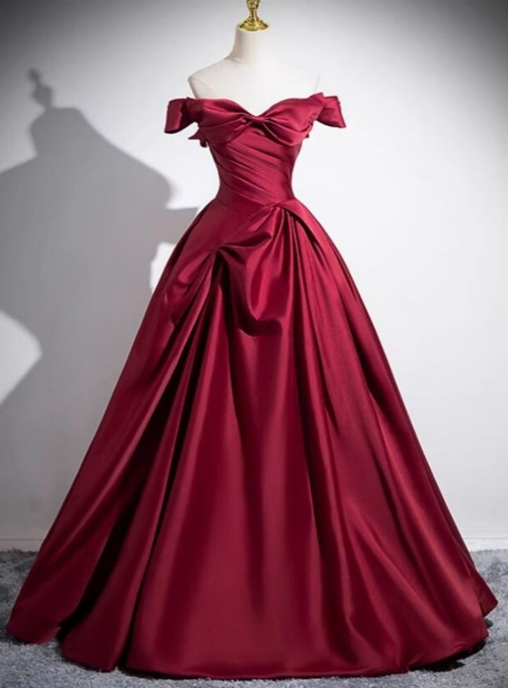 Burgundy Off The Satin Pleated Ball Gown A Line Prom Dress - VelvetHem