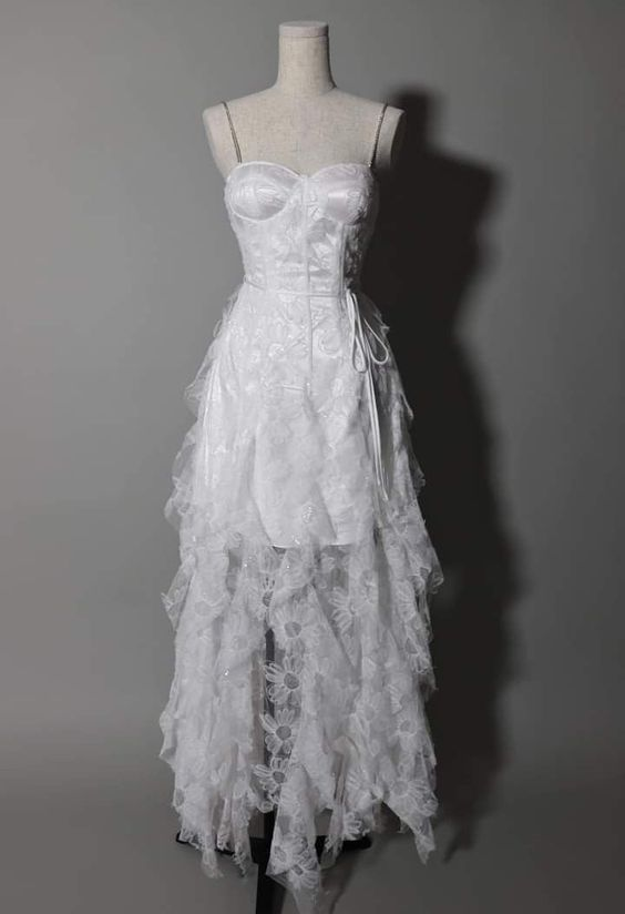 Elegant High Low White Lace Prom Dress Birthday Outfit Strapless Party Evening Gown - VelvetHem