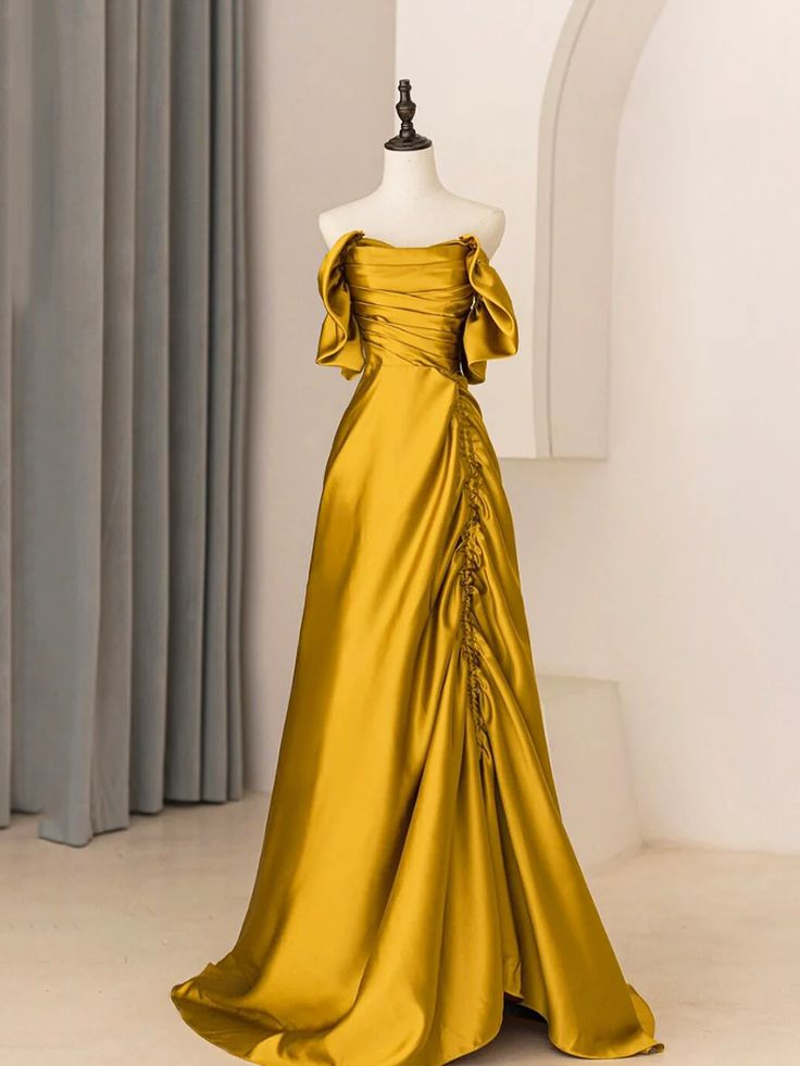 Unique A-Line Satin Long Prom Dress Off The Shoulder Pleated Evening Dress Y7599 - VelvetHem