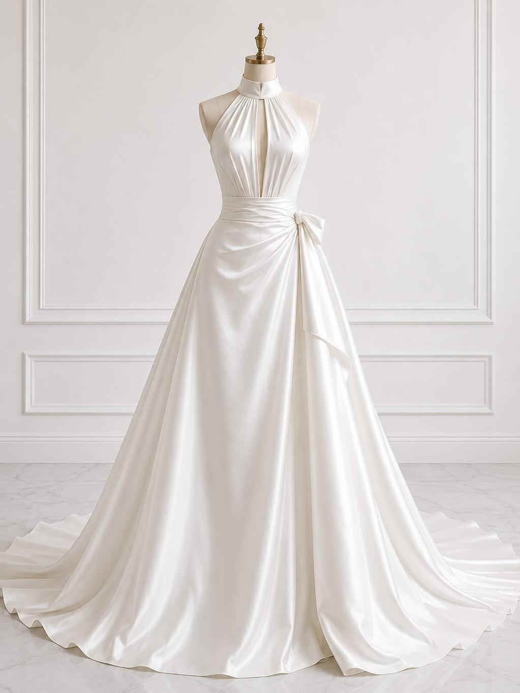 High Neck Halter Keyhole Pleated Satin A-Line Wedding Dress With Side Bow - VelvetHem